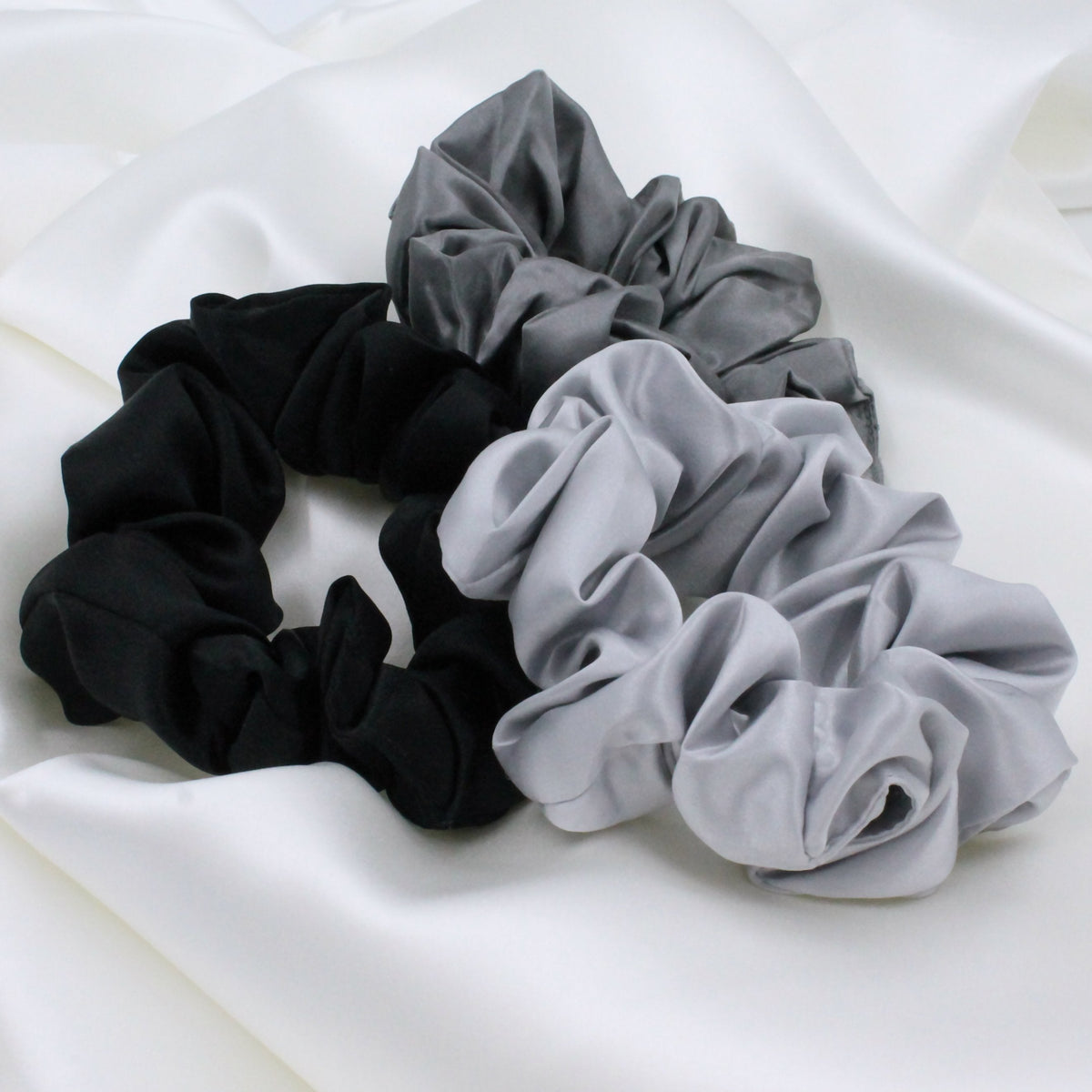 Mulberry Park Silks Pure Silk Scrunchies - Black, Silver, Grey