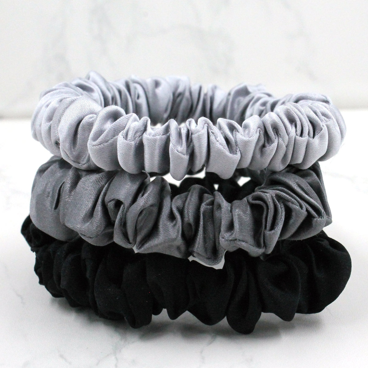 Mulberry Park Silks Silk Scrunchies - Midnight Black, Shimmery Silver, and Gunmetal Grey Skinny Stack