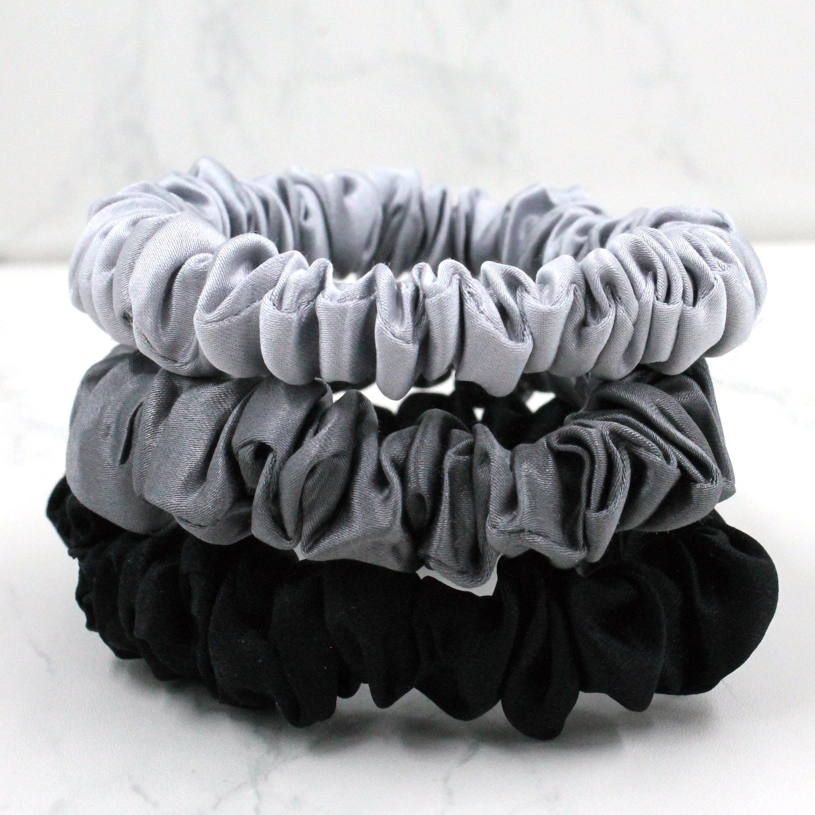 Mulberry Park Silks Silk Scrunchies - Midnight Black, Shimmery Silver, and Gunmetal Grey Top