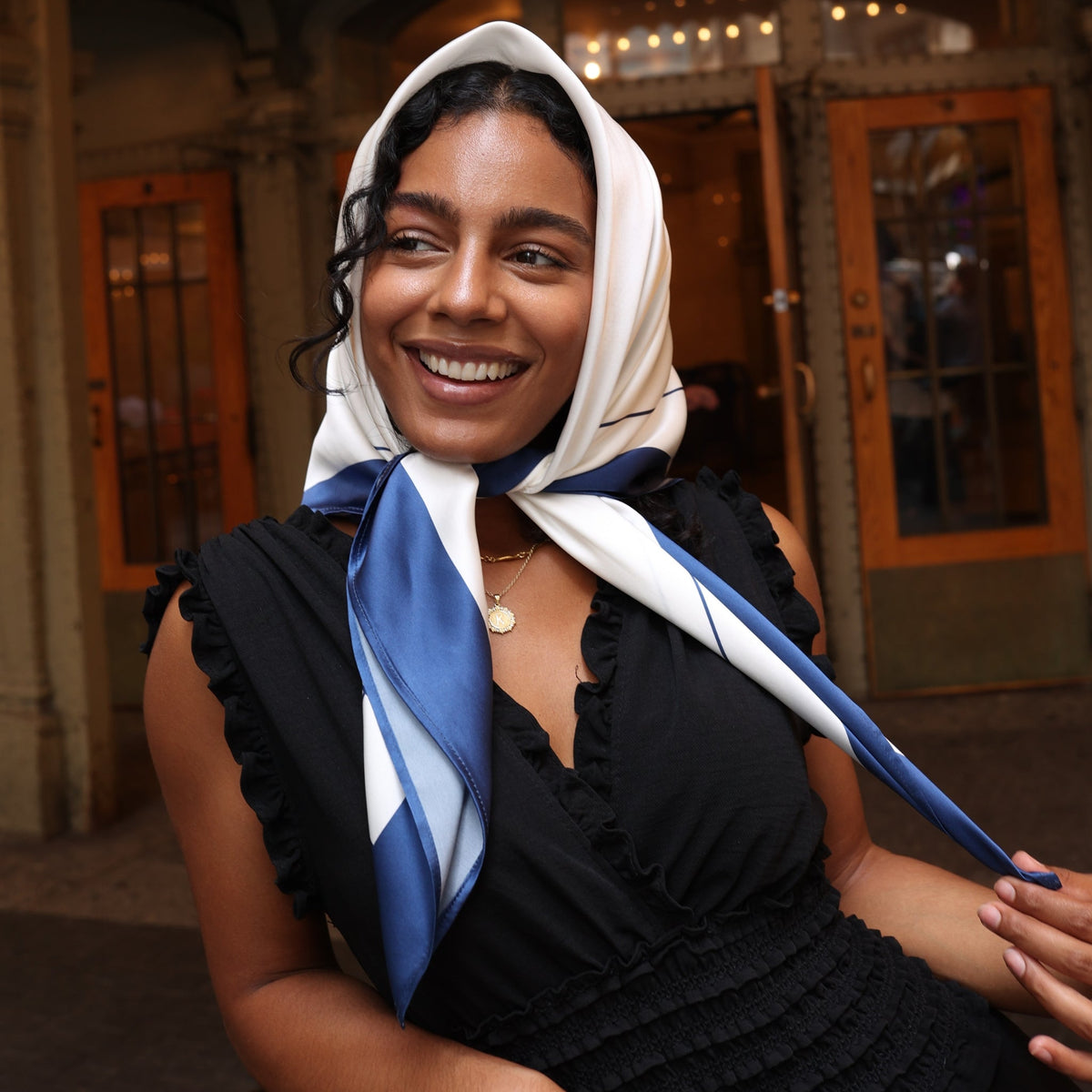 Mulberry Park Silks Pure Silk Square Head Scarf - Navy/Ivory