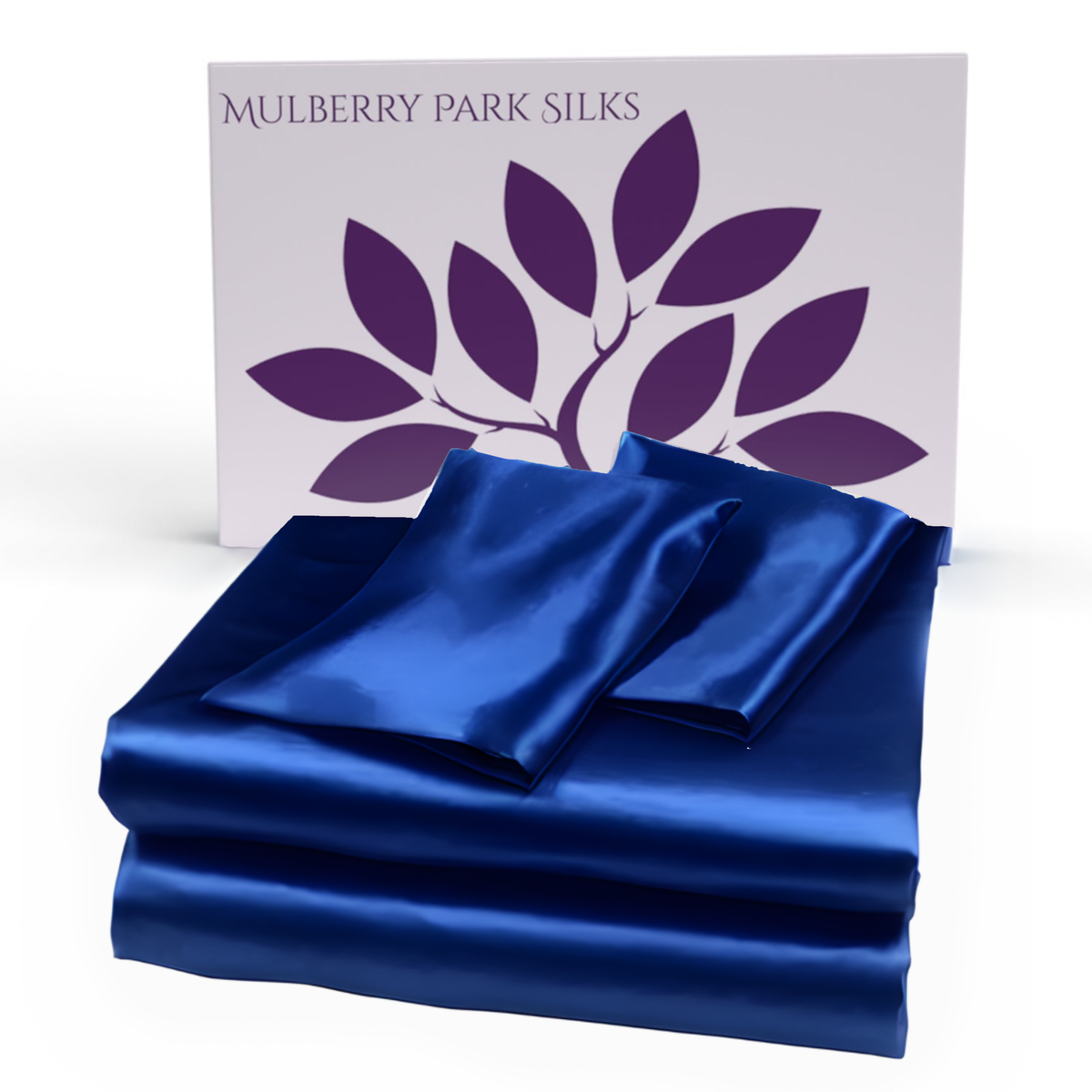Stack of Navy Mulberry Park Silks 30 Momme Silk Sheet Set