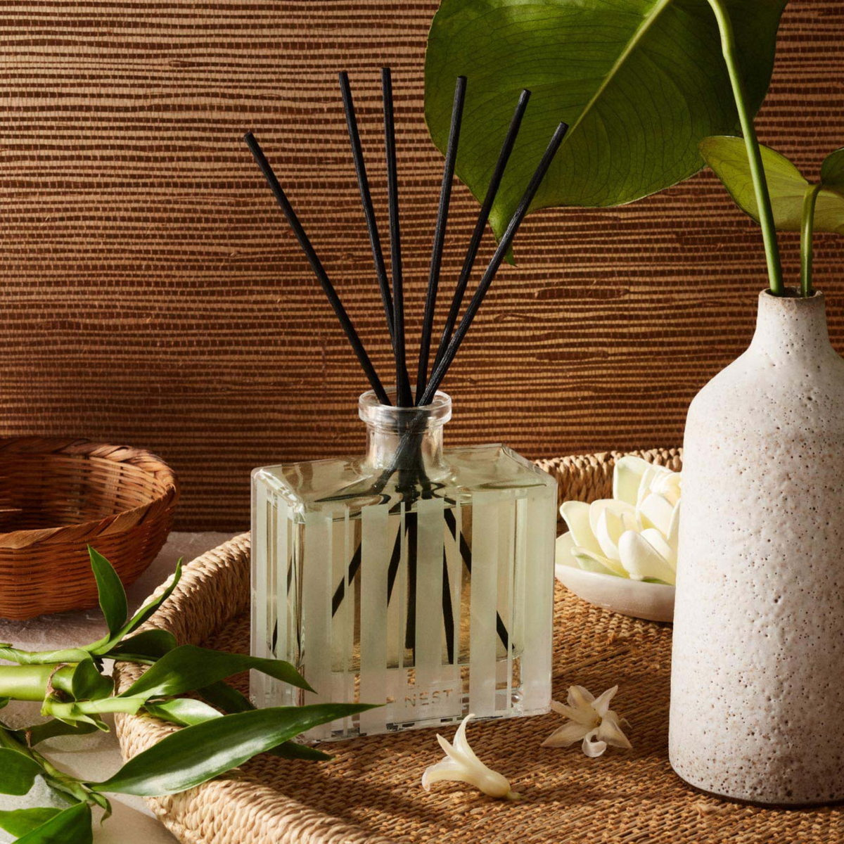 Nest New York’s Bamboo Reed Diffuser Lifestyle in Tray on Counter