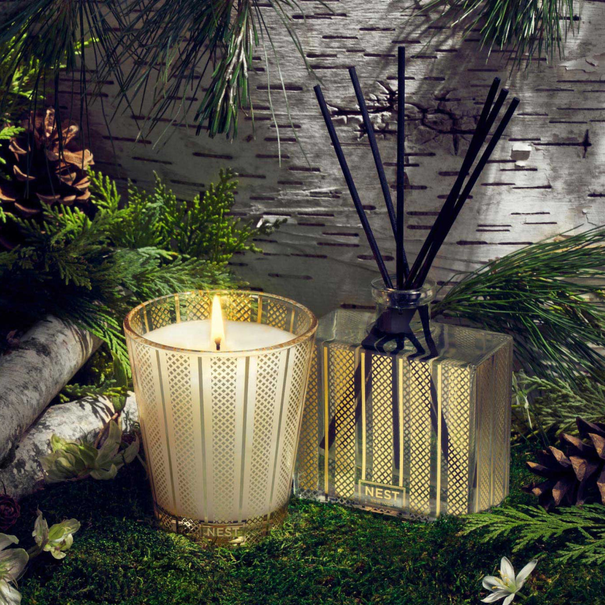 Nest New York Birchwood Pine Reed Diffuser Lifestyle with Classic Candle