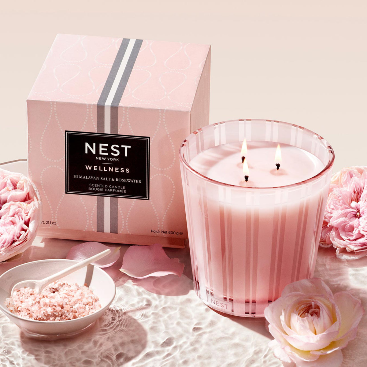 Topview Lifestyle Photo of Nest New York Himalayan Salt &amp; Rosewater 3-Wick Candle with Box