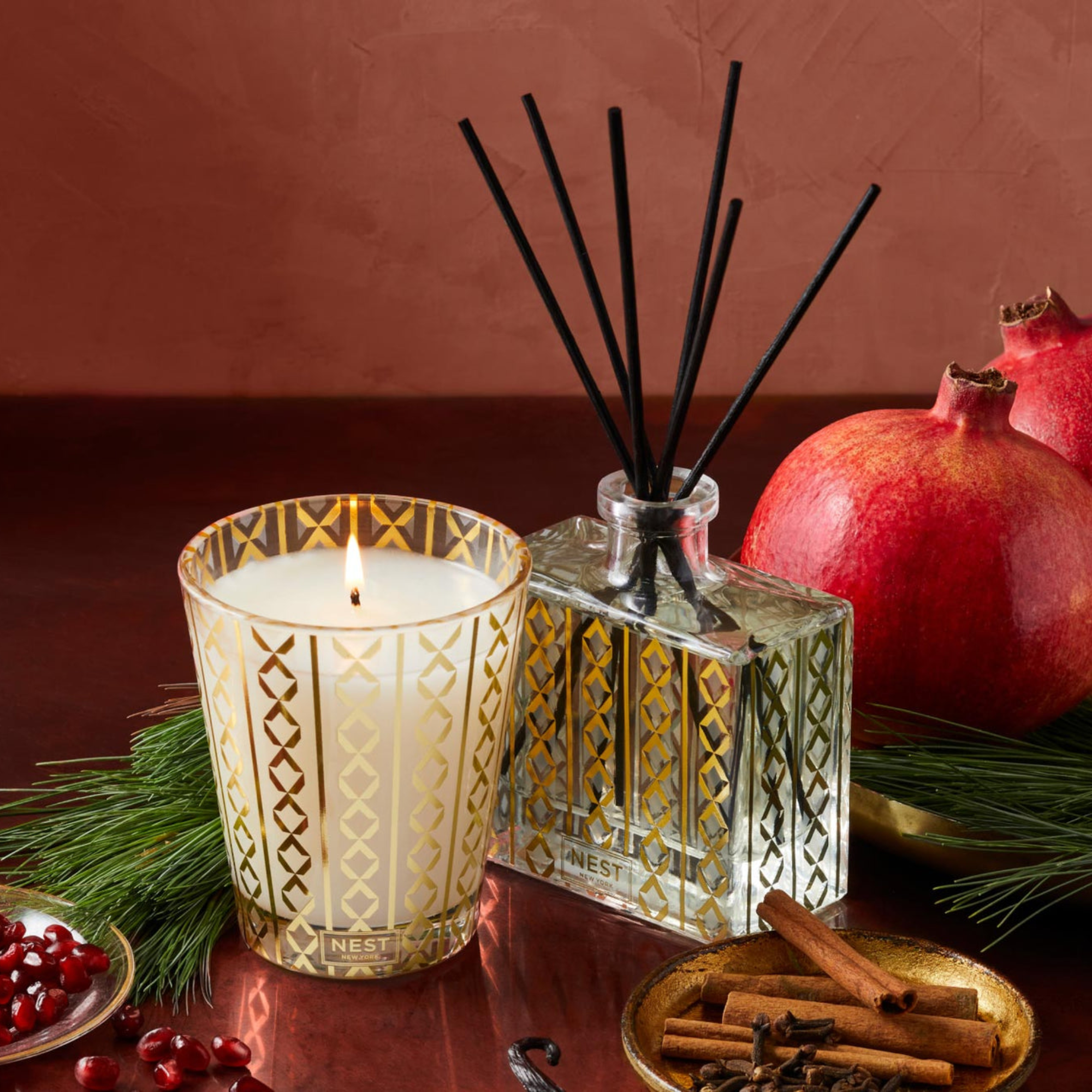 Nest New York Holiday Reed Diffuser Lifestyle with Classic Candle