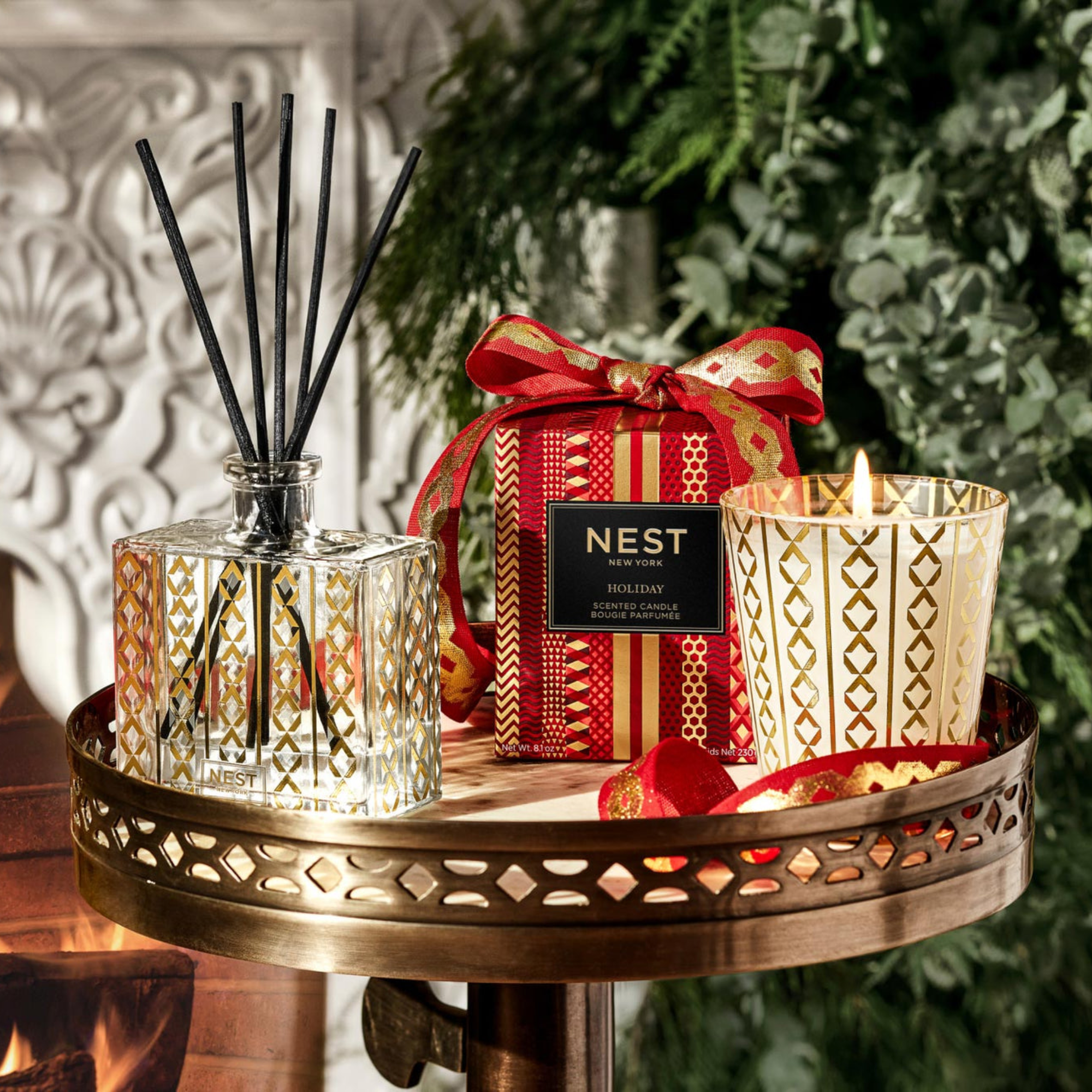 Nest New York Holiday Reed Diffuser Lifestyle with Classic Candle and Box