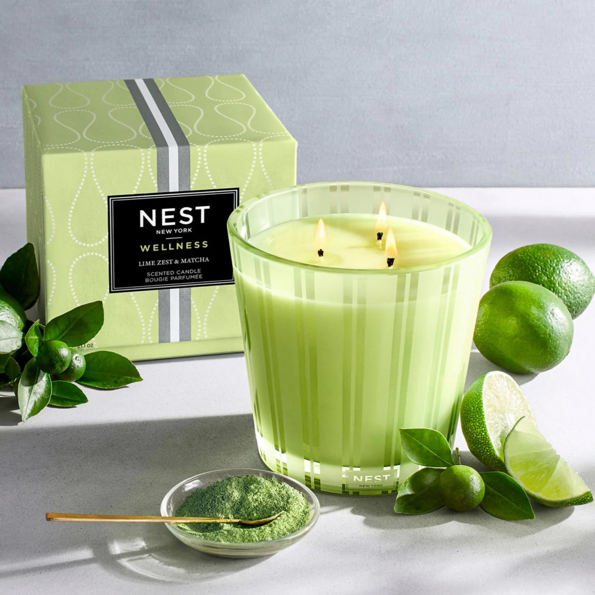 Topview Lifestyle Photo of Nest New York’s Lime Zest &amp; Matcha 3-Wick Candle with Box