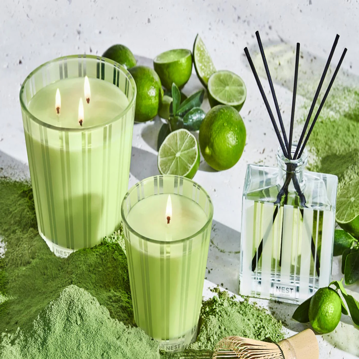 Topview Lifestyle Photo of Nest New York’s Lime Zest &amp; Matcha Classic Candle with 3 Wick and Diffuser