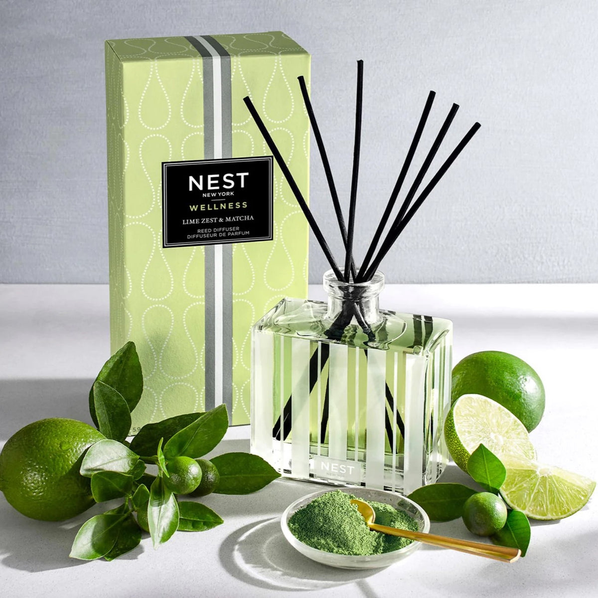 Nest New York’s Zest &amp; Matcha Reed Diffuser Lifestyle With Box