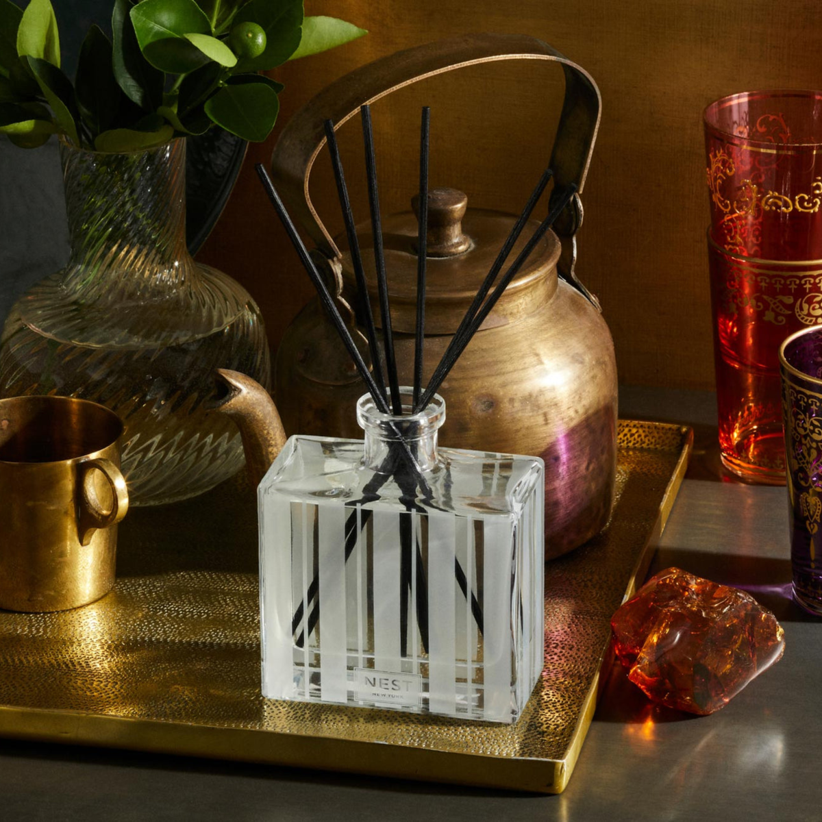 Nest New York’s Moroccan Amber Diffuser Lifestyle in Tray on Counter