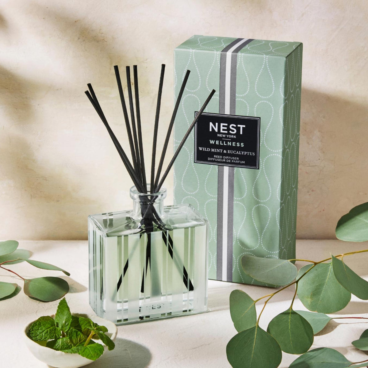 Nest New York Wild Mint &amp; Eucalyptus Reed Diffuser Lifestyle With Box