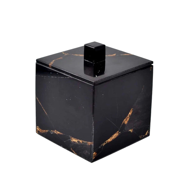A black marble box with gold veining, a square lid, and handle—perfect for luxury bath accessories.