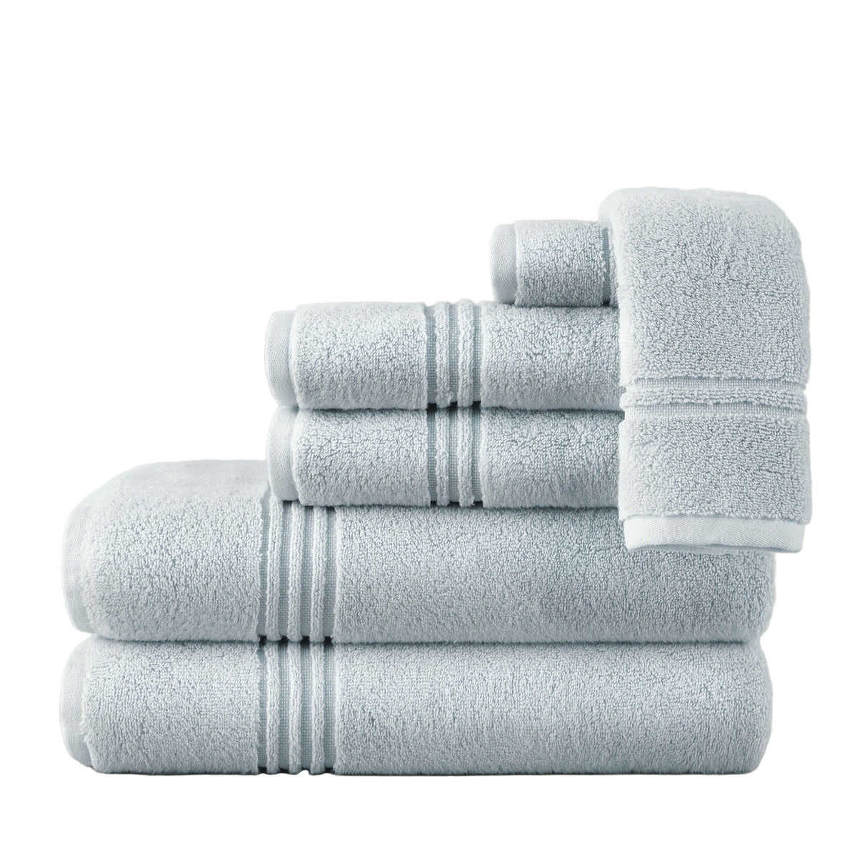 Stack of Peacock Alley Chelsea Bath Towels in Mist color