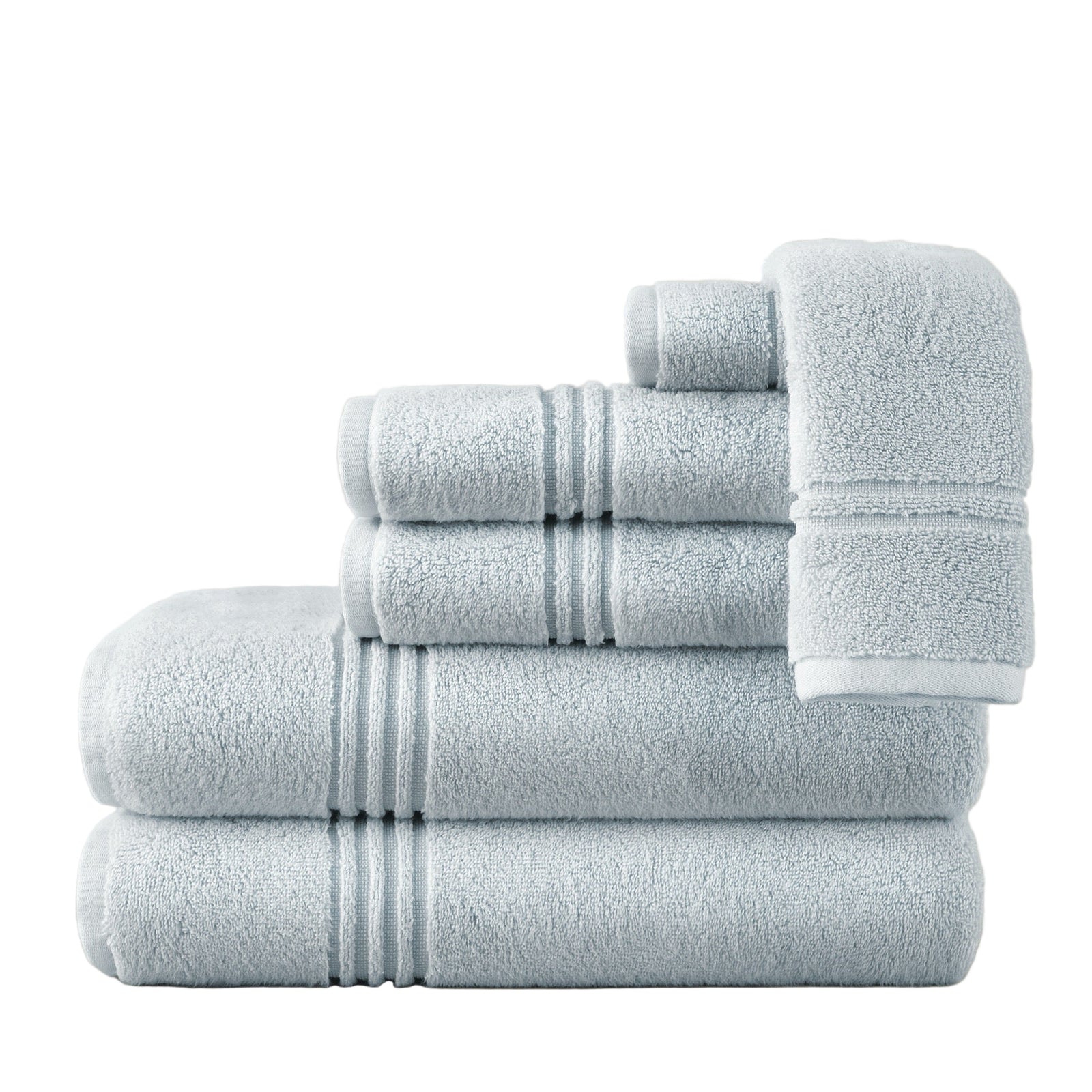 Stack of Peacock Alley Chelsea Bath Towels in Mist color
