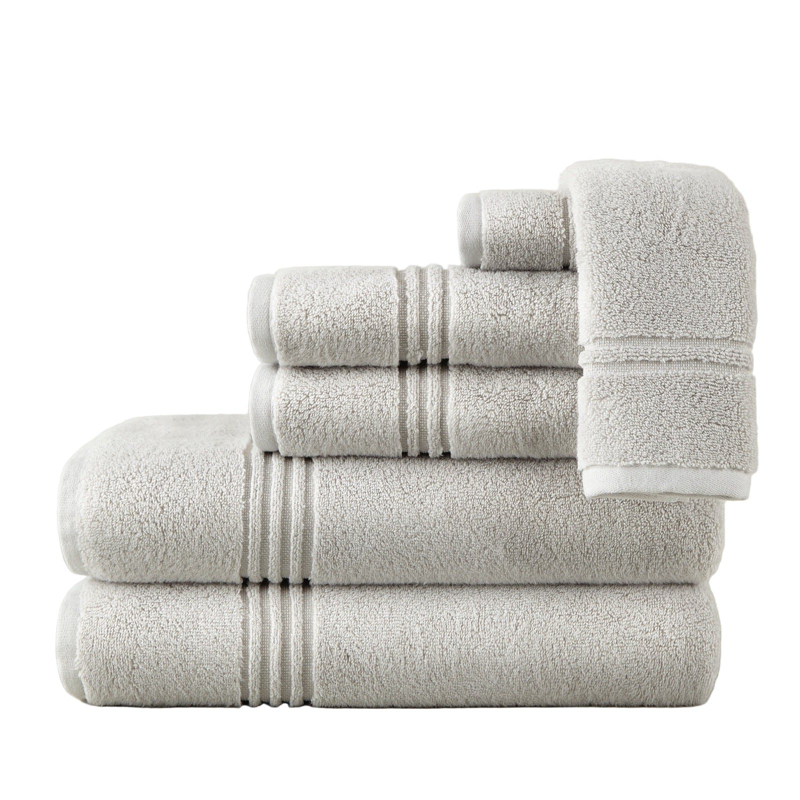 Stack of Peacock Alley Chelsea Bath Towels in Pewter color