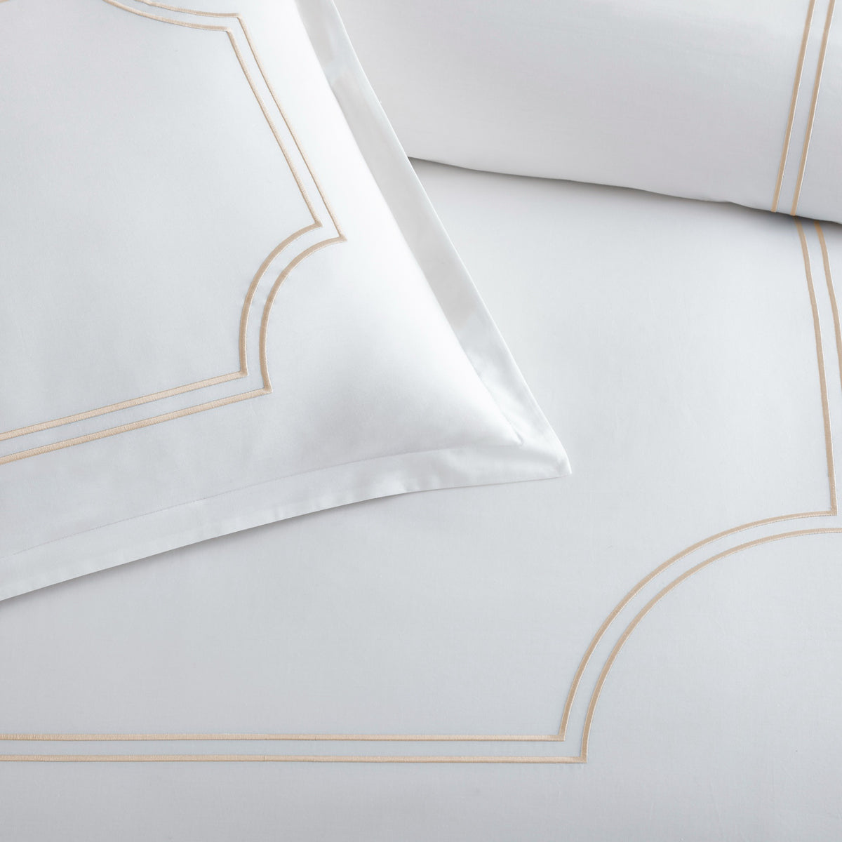 Embroidery Detail of Peacock Alley Deco Classic Embroidered Duvet Set in Linen color