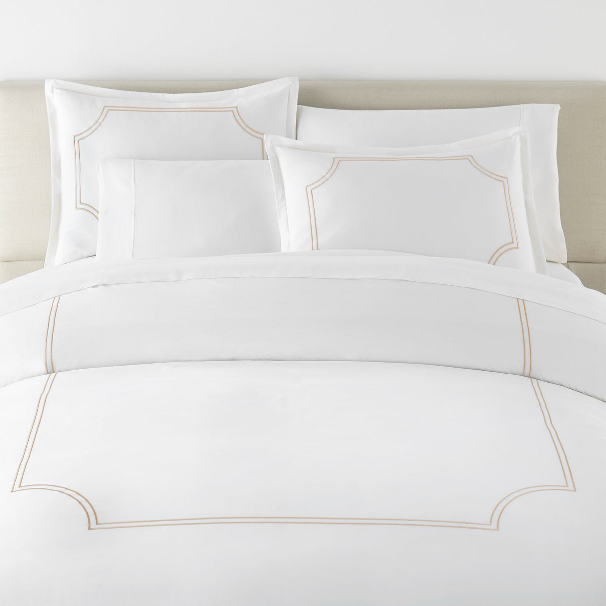 Front View of Bed in Linen color Peacock Alley Deco Classic Embroidered Duvet Set