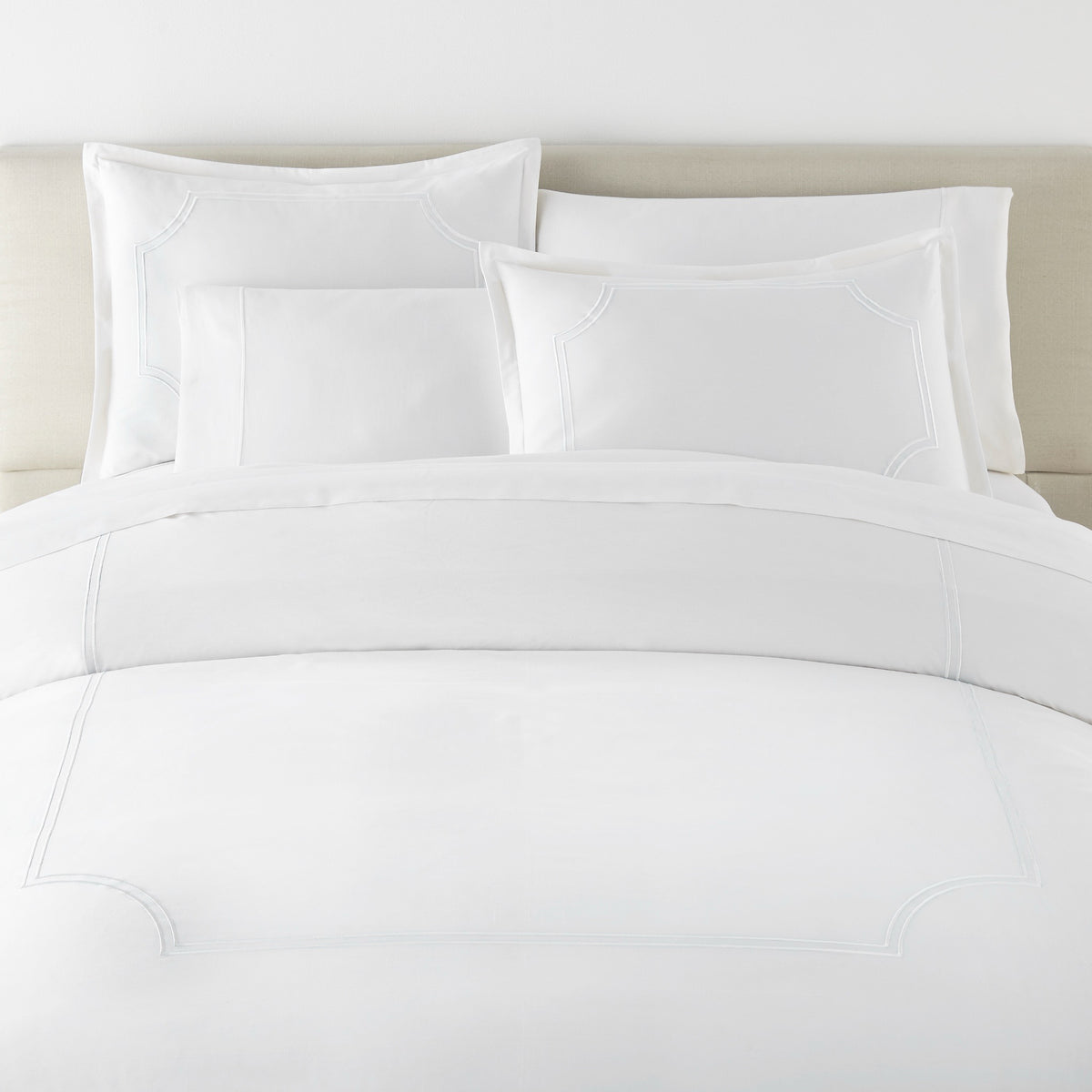 Front View of Bed in White color Peacock Alley Deco Classic Embroidered Duvet Set