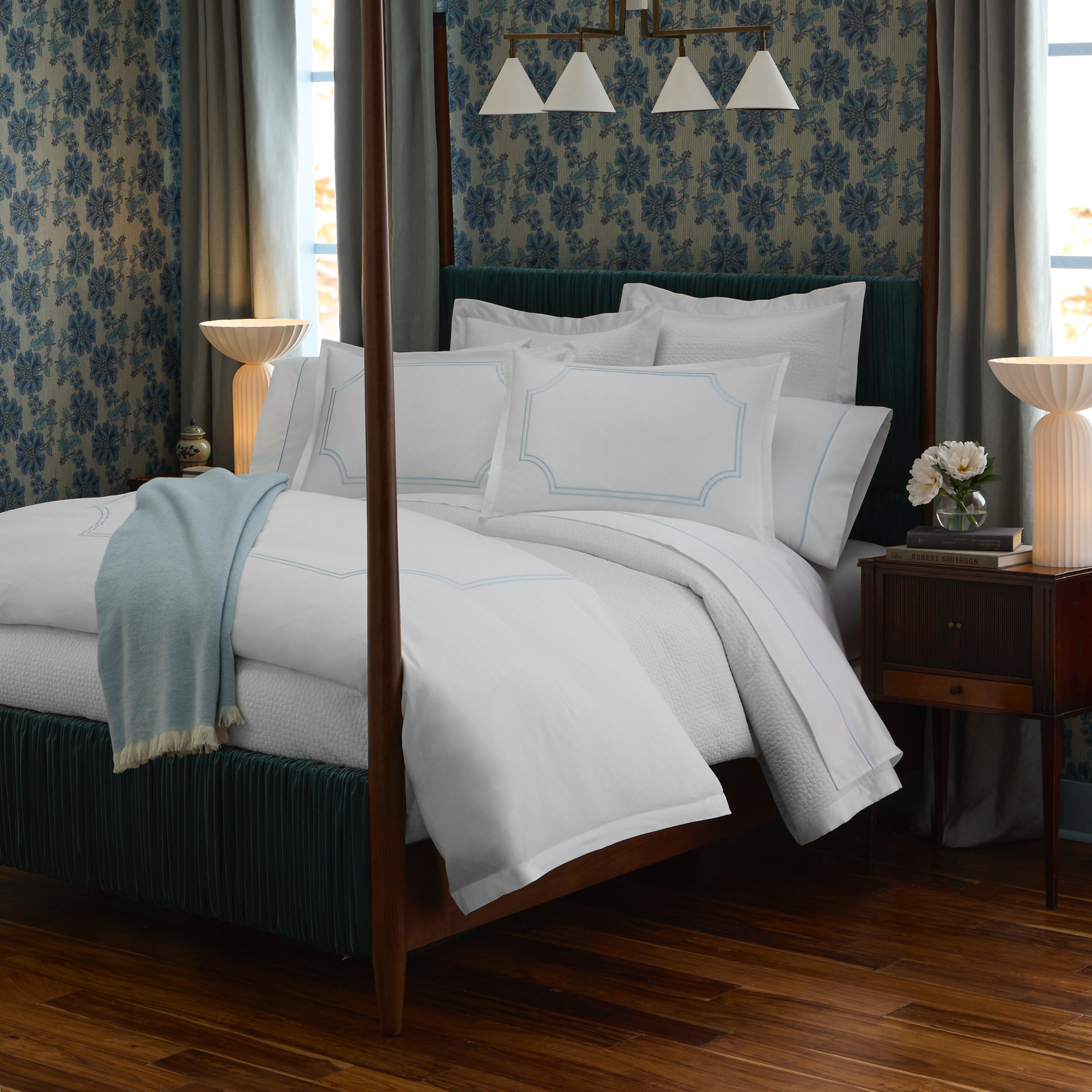 Bed in Sky color Peacock Alley Deco Classic Embroidered Duvet Set