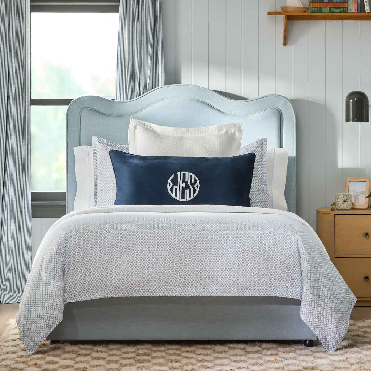 Bed in Navy Peacock Alley Demi Duvet Cover and Shams
