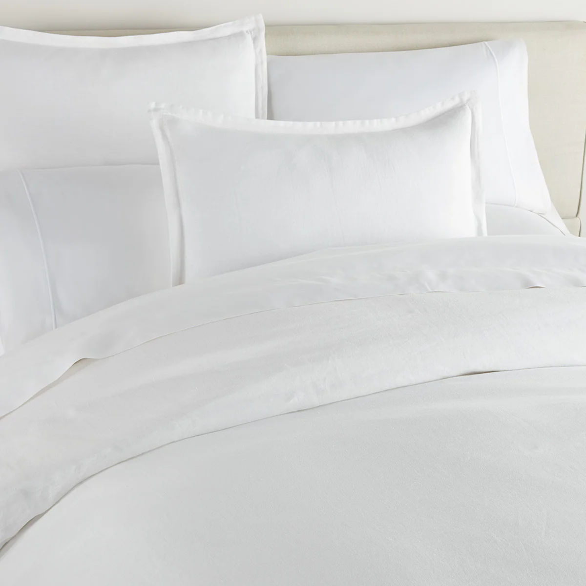 Full Bed Closeup of Peacock Alley European Washed Linen Bedding in White Color