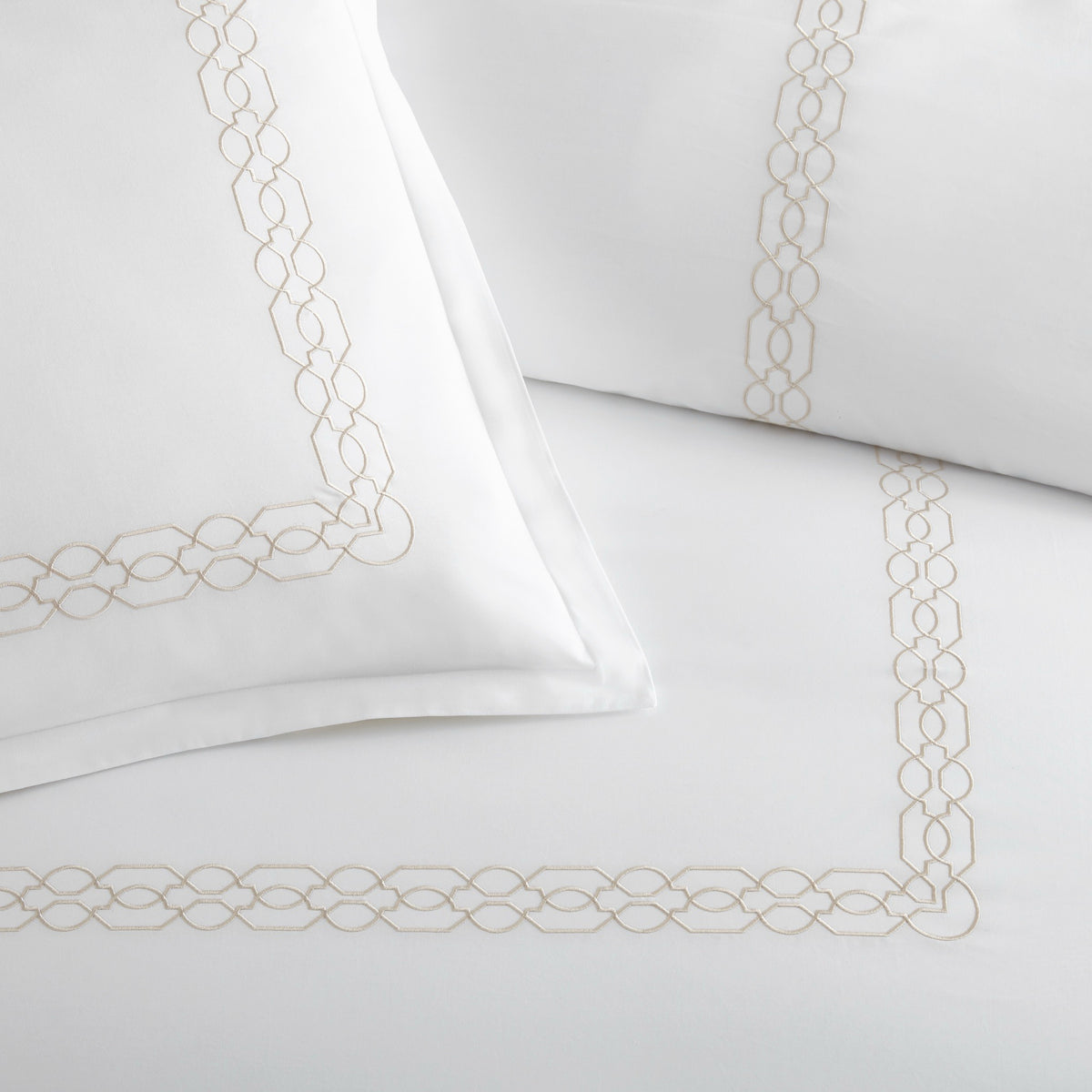 Embroidery Detail of Peacock Alley Filigree Classic Embroidered Duvet Set in Linen color