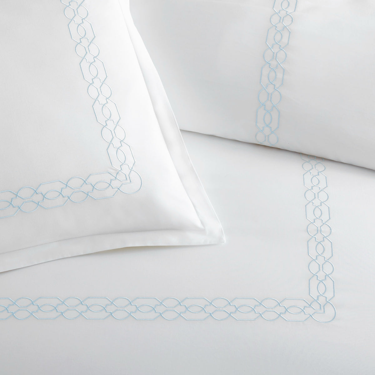 Embroidery Detail of Peacock Alley Filigree Classic Embroidered Duvet Set in Sky color