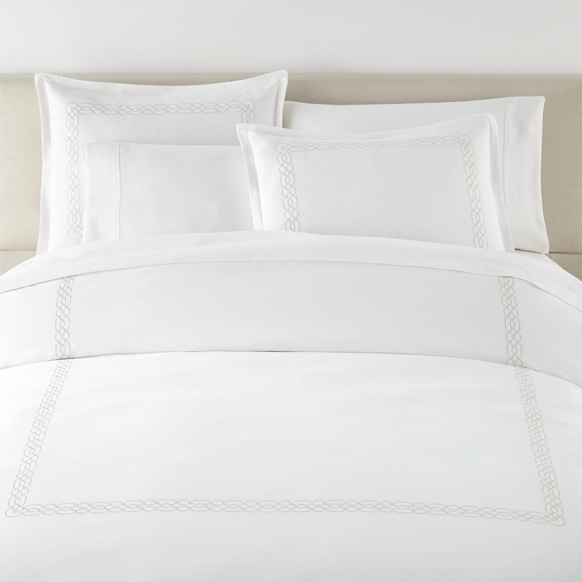 Front View of Bed in Linen Peacock Alley Filigree Classic Embroidered Duvet Set