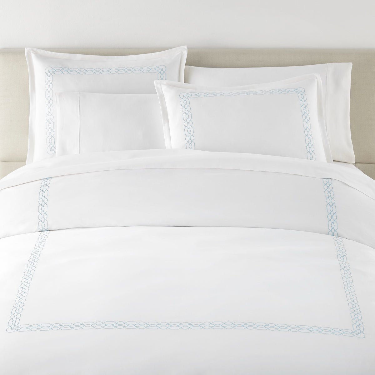 Front View of Bed in Sky Peacock Alley Filigree Classic Embroidered Duvet Set