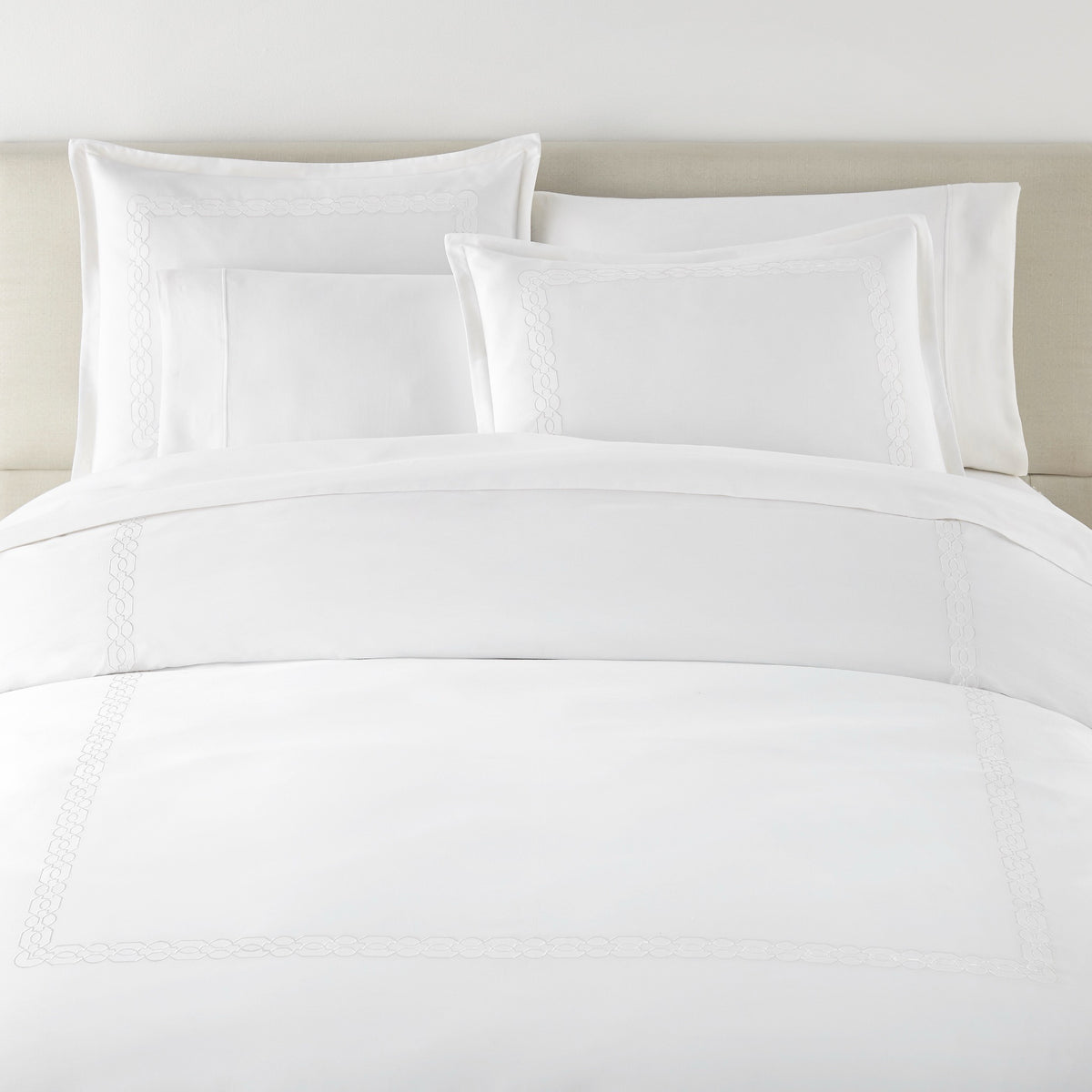 Front View of Bed in White Peacock Alley Filigree Classic Embroidered Duvet Set