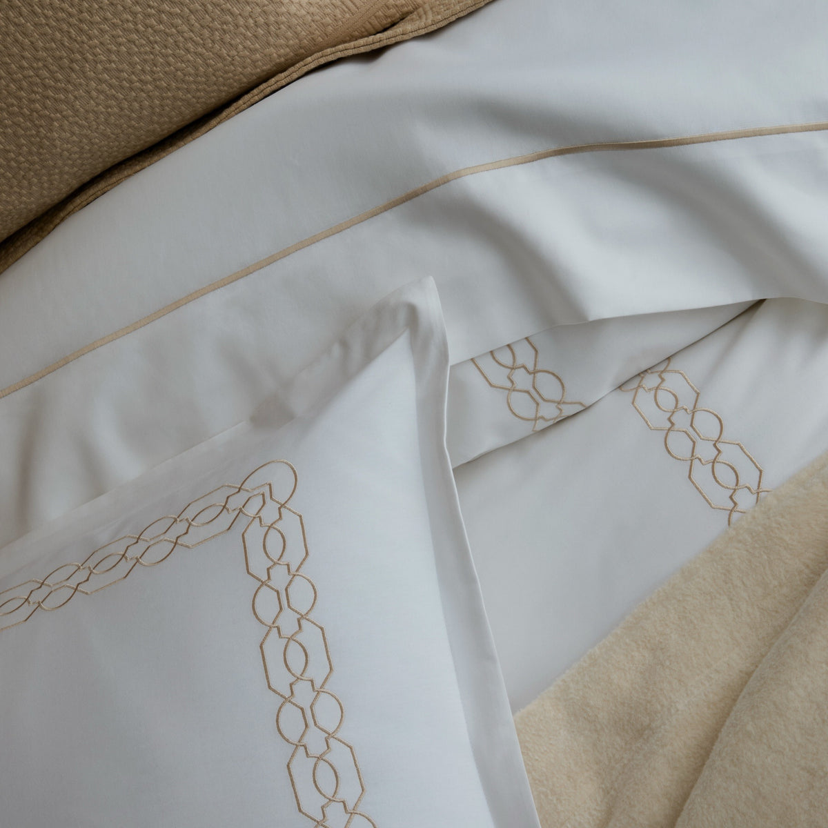 Closeup of Bed in Linen Peacock Alley Filigree Classic Embroidered Duvet Set with Beige Coordinate