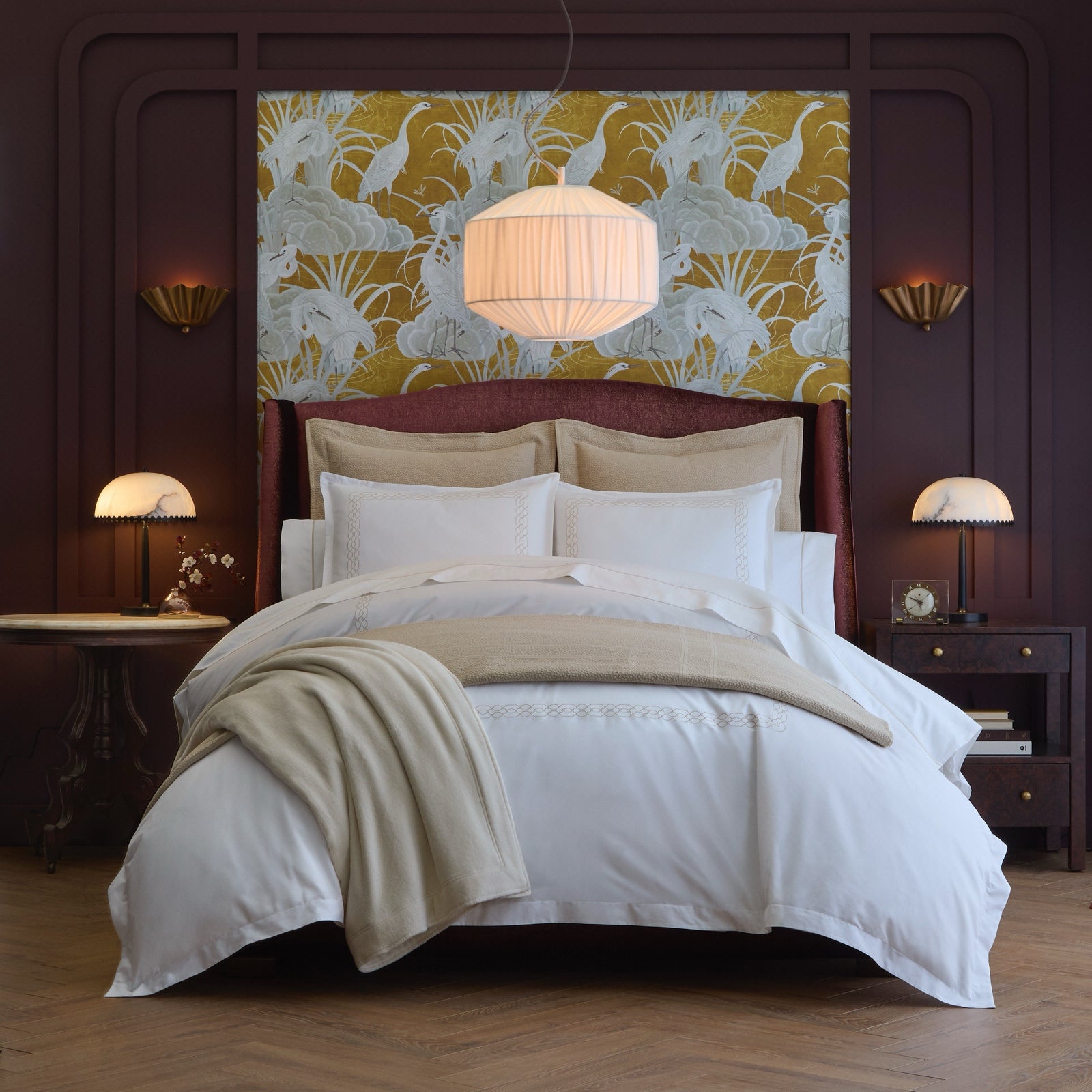 Bed in Linen Peacock Alley Filigree Classic Embroidered Duvet Set with Beige Coordinate