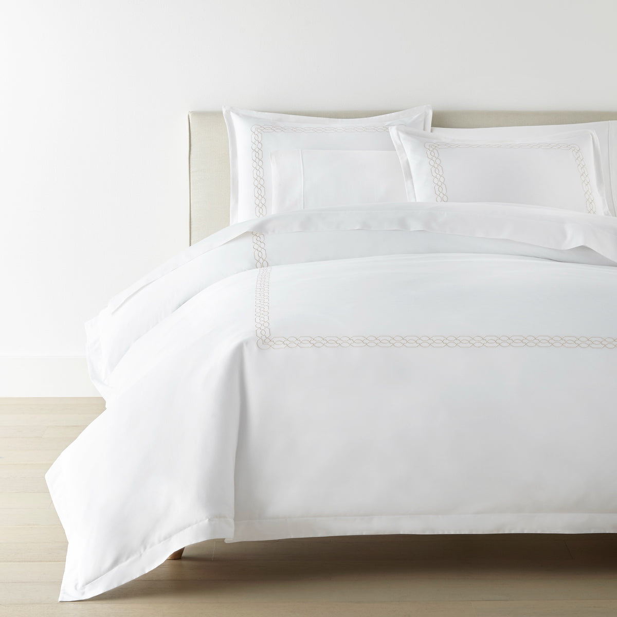 Corner View of Bed in Linen Peacock Alley Filigree Classic Embroidered Duvet Set