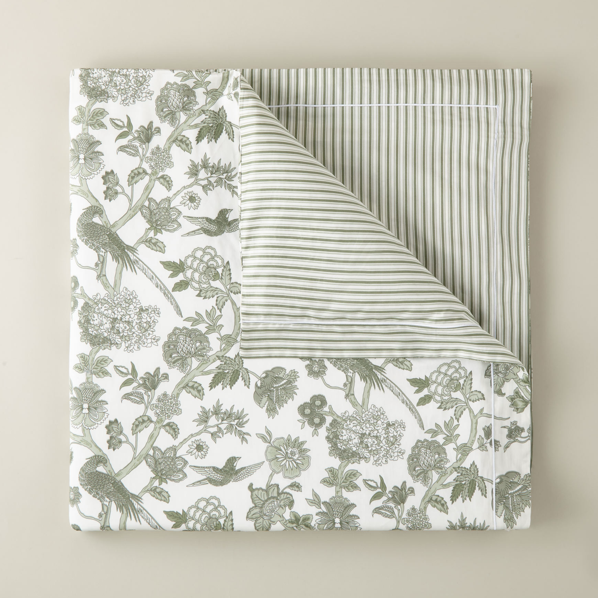 Folded Peacock Alley Highgrove Toile Duvet Cover in Moss color