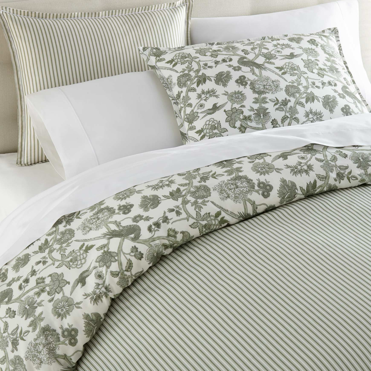 Stripe Detail of Peacock Alley Highgrove Toile Duvet Cover in Moss color