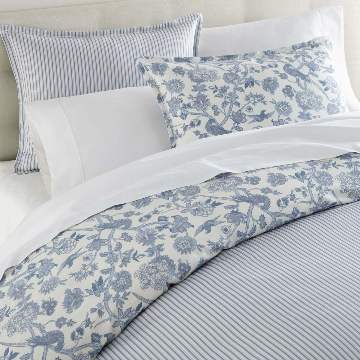 Stripe Detail of Peacock Alley Highgrove Toile Duvet Cover in Wedgewood color