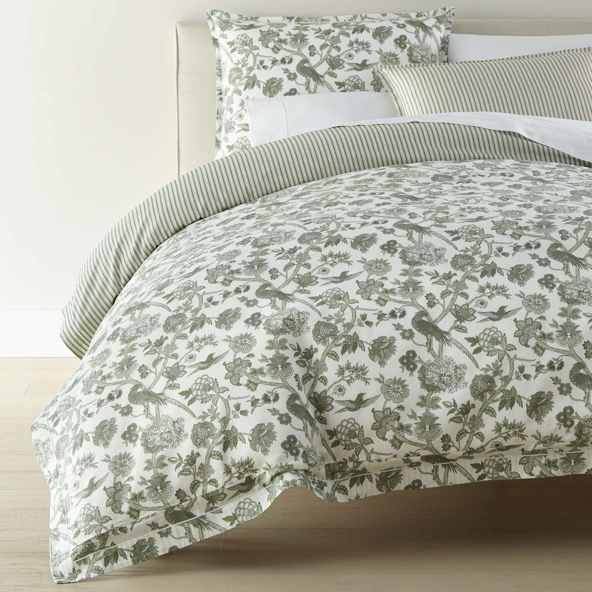 Botanical Detail of Peacock Alley Highgrove Toile Duvet Cover in Moss color