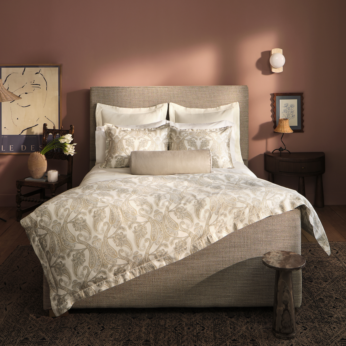 Bed in Pearl Color Peacock Alley Paisley Duvet Cover and Shams