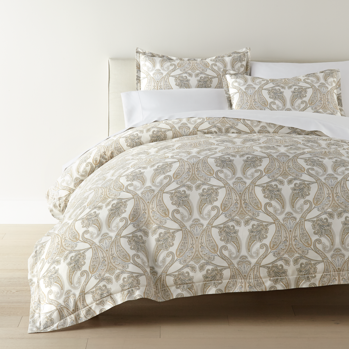 Corner View of Peacock Alley Paisley Duvet Cover and Shams in Pearl