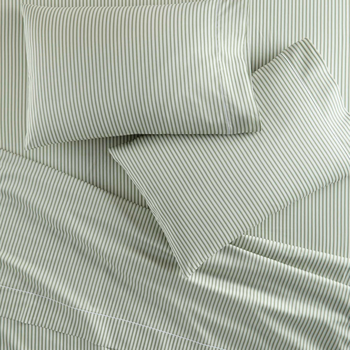 Overhead view of Peacock Alley Windsor Stripe Sheet Set in Moss color