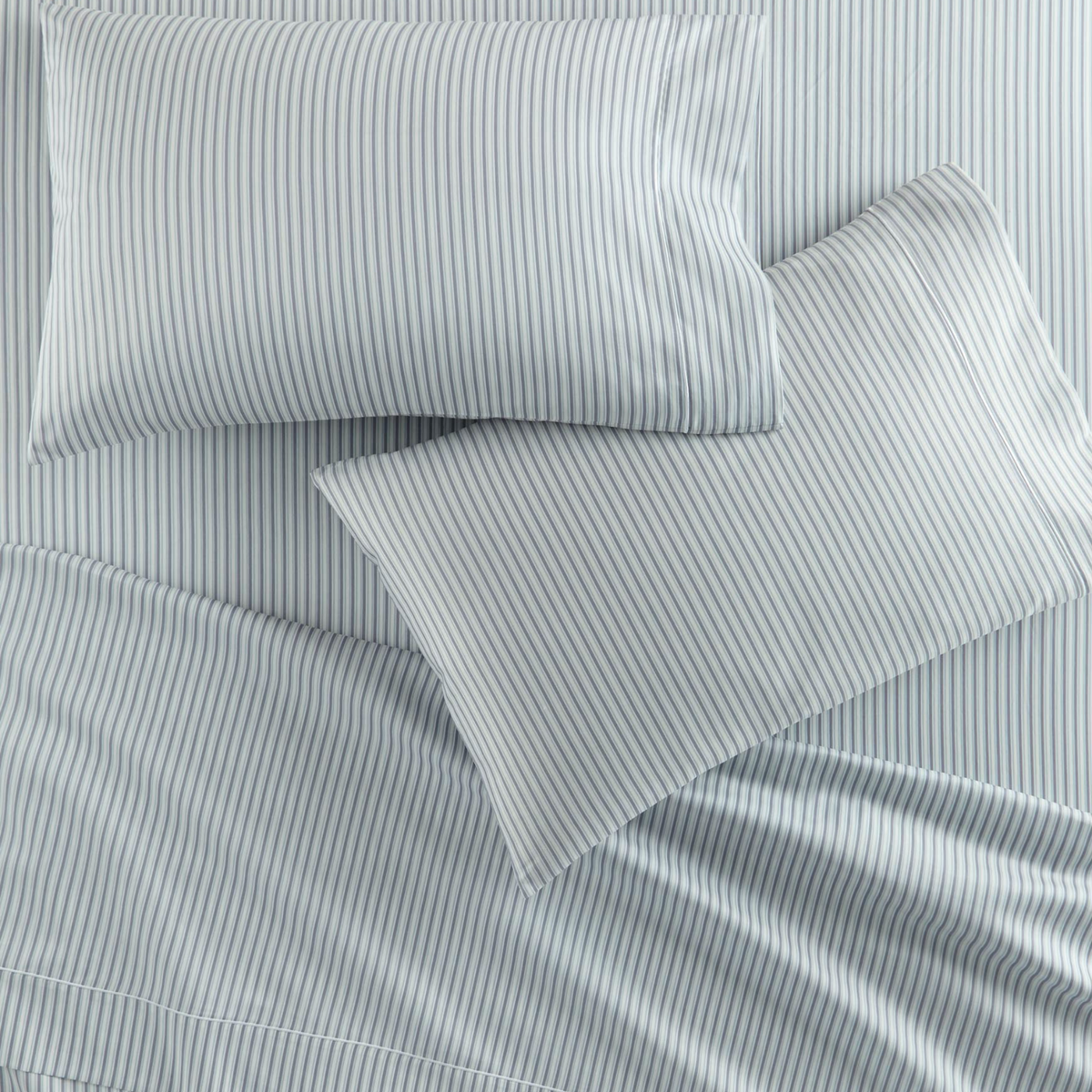 Overhead view of Peacock Alley Windsor Stripe Sheet Set in Wedgewood color