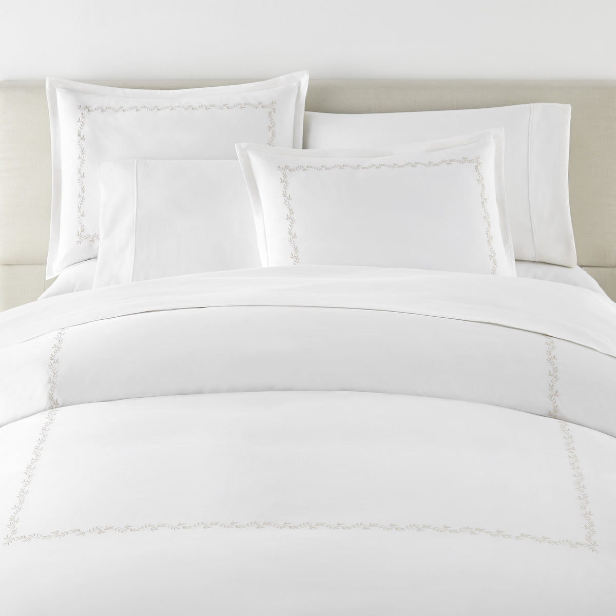 Peacock Alley Ivy Duvet Cover and Shams in Linen - full bed close up