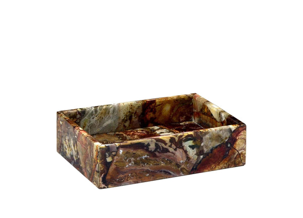 Rectangular marble tray with brown, red, and cream swirls, part of our luxury bath accessories collection.