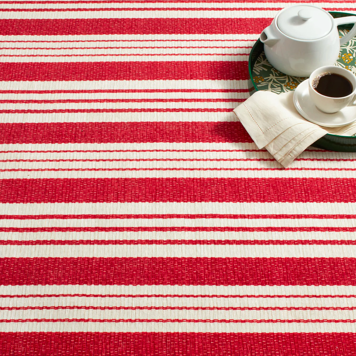 Coffee on Pine Cone Hill Abby Ticking Machine Washable Rug in Red