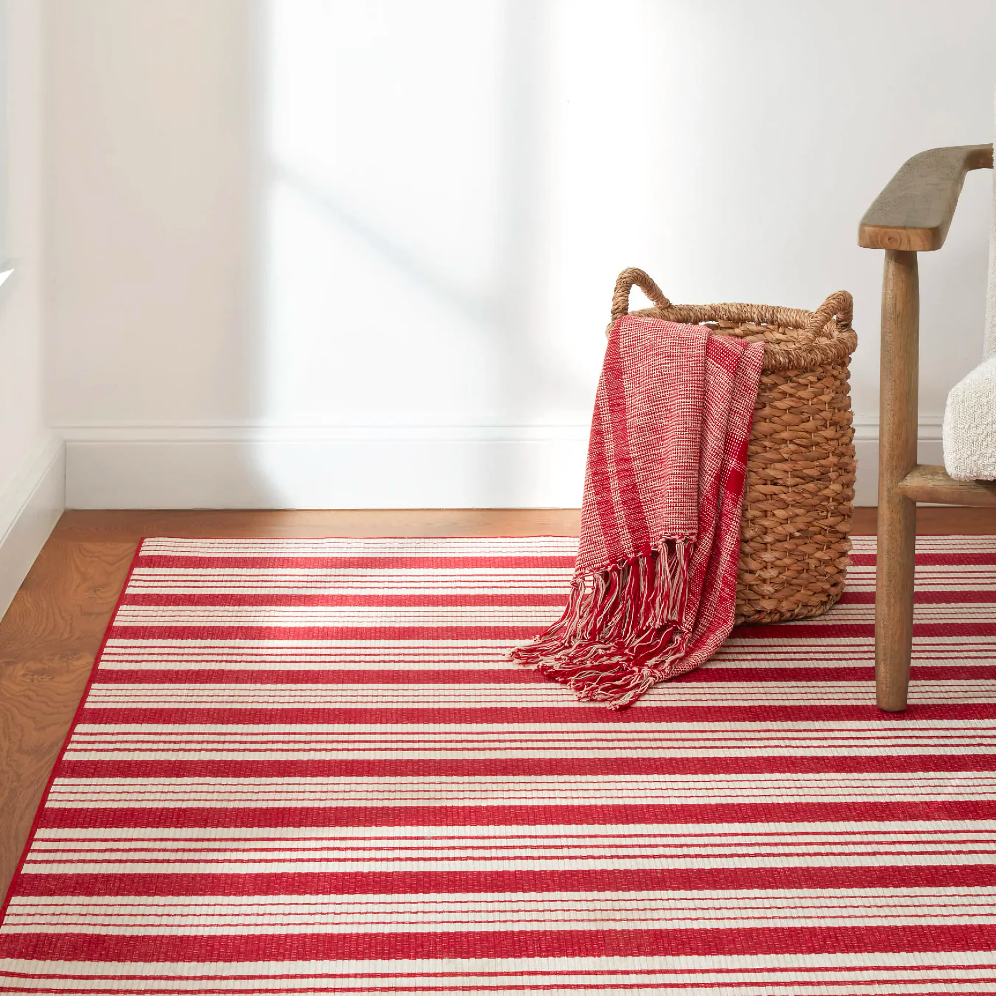 Red Pine Cone Hill Abby Ticking Machine Washable Rug on Floor