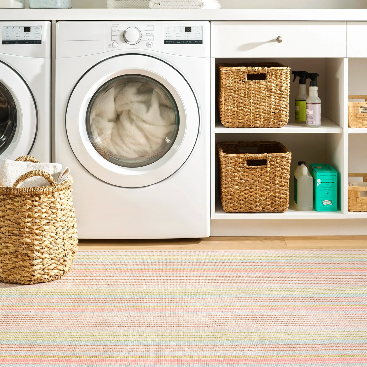 Laundry Room with Aqua Pine Cone Hill Ana Ticking Machine Washable Rug