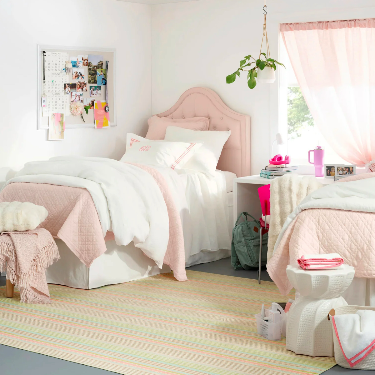 Pink Bedroom with Aqua Pine Cone Hill Ana Ticking Machine Washable Rug