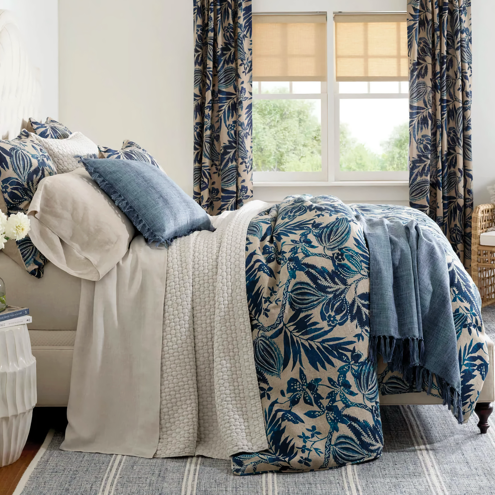Side view of Pine Cone Hill Antigua Linen Duvet Cover and Shams in Blue