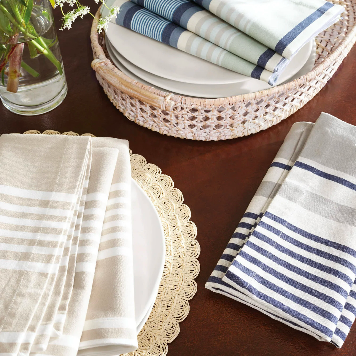 Stack of Assorted Pine Cone Hill Stripe Napkins