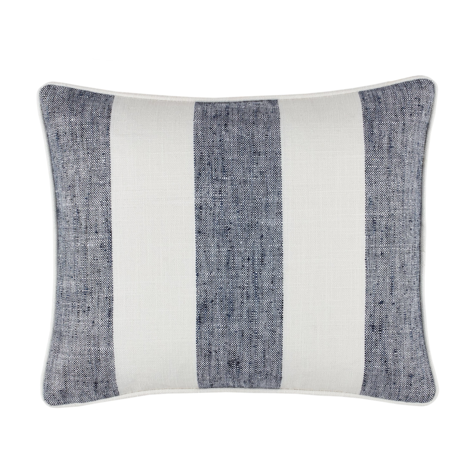 Lifestyle Image of Pine Cone Hill Awning Stripe Indoor/Outdoor Decorative Pillow in Navy Color